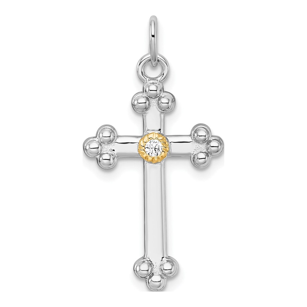 Sterling Silver Rhodium-Plated With 14K Accent Polished Cz Budded Cross Pendant