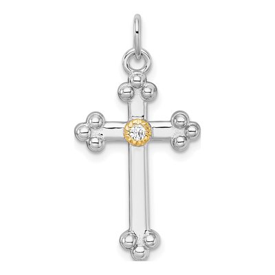 Sterling Silver & 14K Gold CZ Budded Cross Pendant