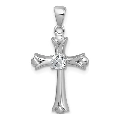 Sterling Silver CZ Fleur de Lis Cross Pendant