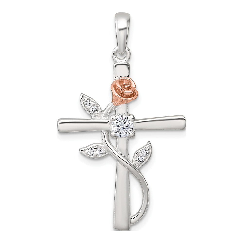 Sterling Silver E-Coat Polished Cross With Cz And Rose-Tone Rose Pendant
