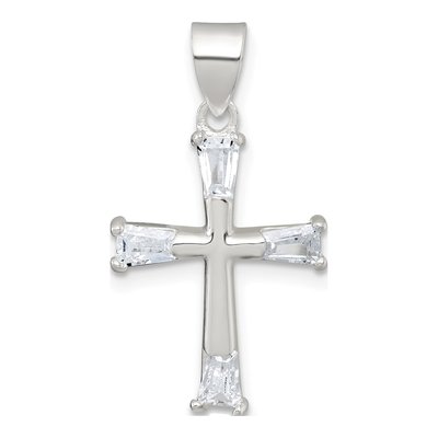 Sterling Silver CZ Tapered Baguette Cross Pendant