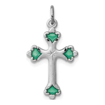 Sterling Silver Green Enamel Budded Cross Charm