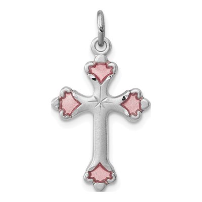 Sterling Silver Pink Enamel Budded Cross Charm