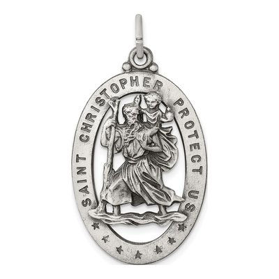 Sterling Silver Antiqued St Christopher Medal Pendant
