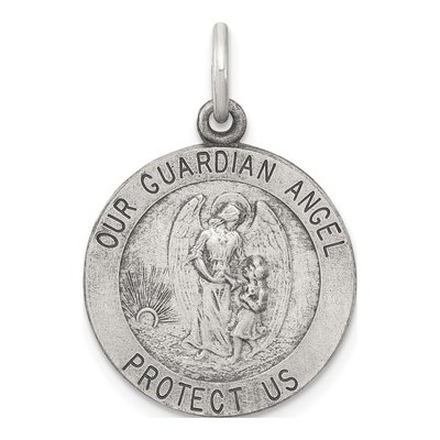 Sterling Silver Antiqued Guardian Angel Medal Pendant