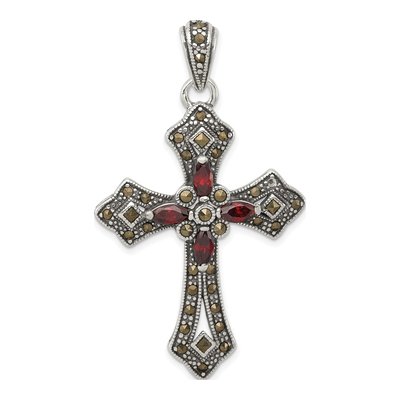 Sterling Silver CZ Antiqued Marcasite Cross Pendant