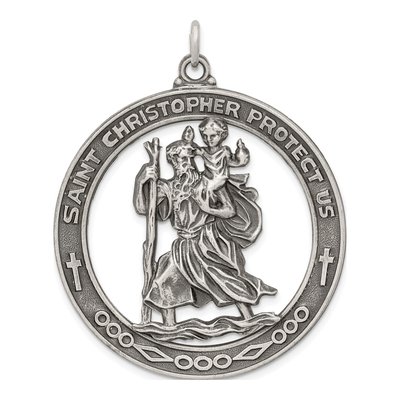 Sterling Silver Antiqued St Christopher Medal Pendant