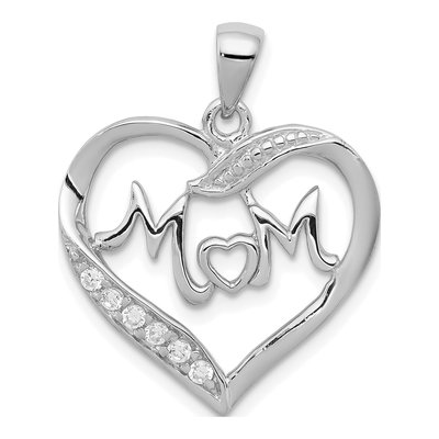 Sterling Silver CZ MOM Heart Pendant