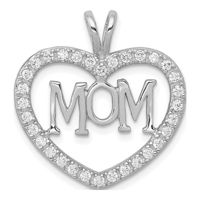 Sterling Silver CZ Open Heart MOM Pendant