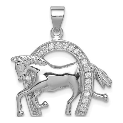 Sterling Silver CZ Horse Horseshoe Pendant