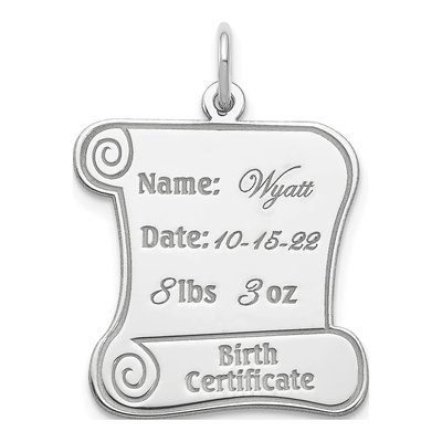 Sterling Silver Personalized Birth Certificate Charm