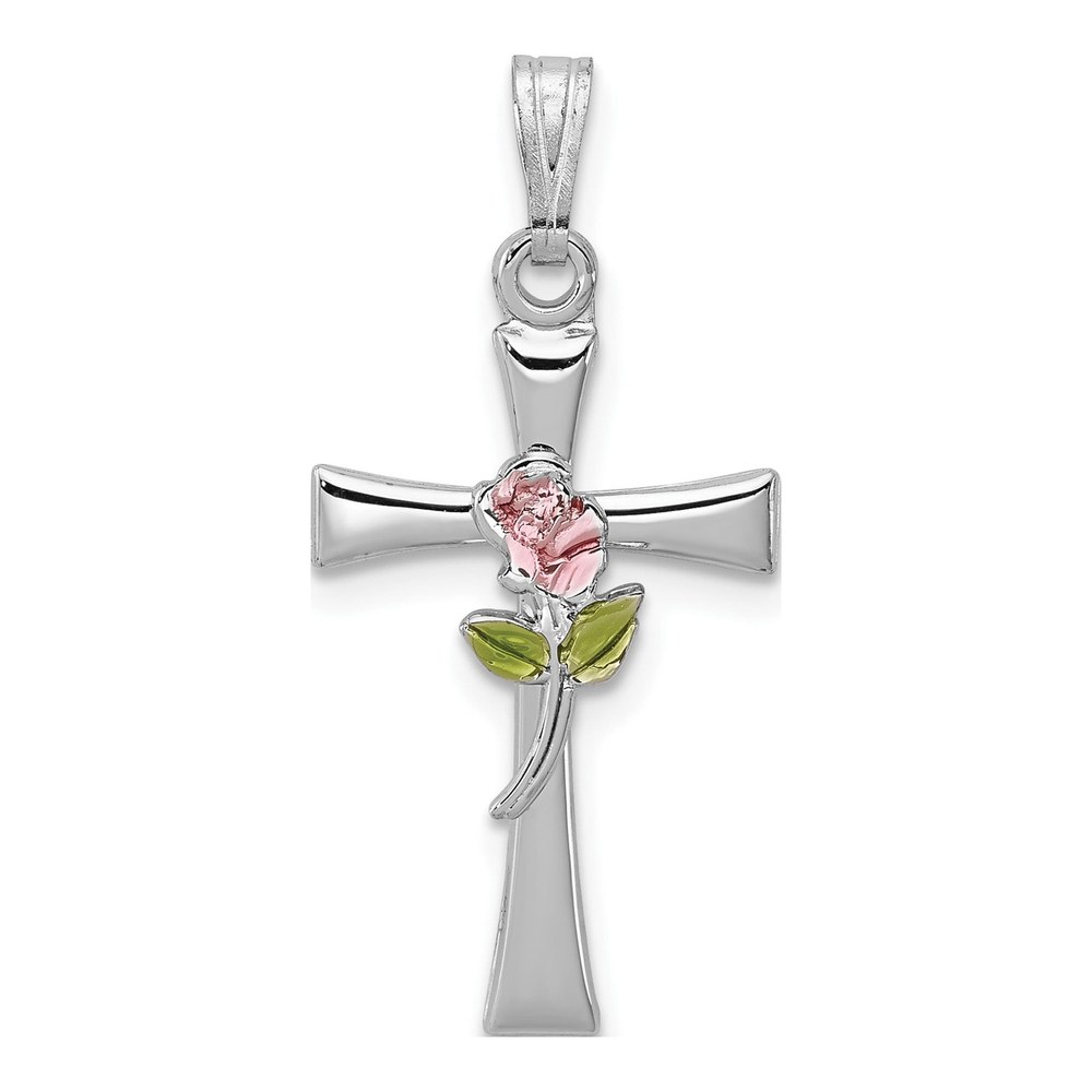 Sterling Silver Cross Pendant with Epoxy Rose Center