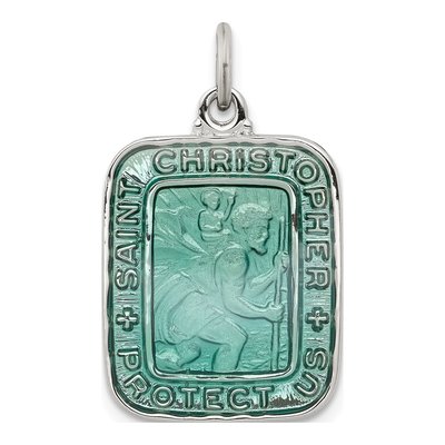 Sterling Silver Teal Enamel St Christopher Pendant