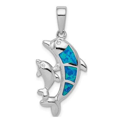Sterling Silver Lab-Created Opal Dolphin Pendant