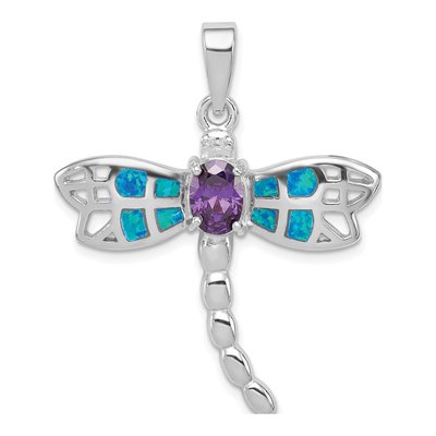 Sterling Silver Lab-Created Opal & Amethyst Dragonfly Pendant