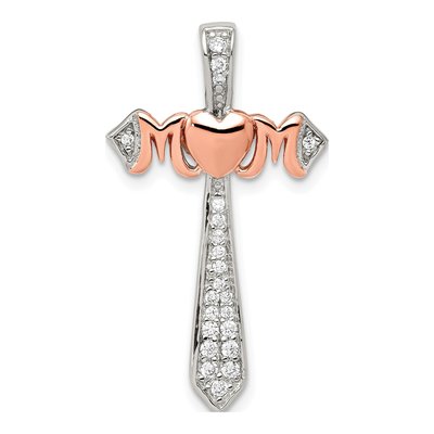 Rose Gold-Plated Sterling Silver CZ Mom Cross Pendant
