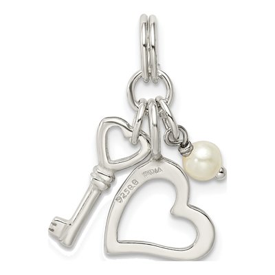 Sterling Silver Simulated Pearl Key Heart Pendant – view 4
