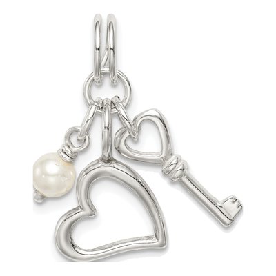 Sterling Silver Simulated Pearl Key Heart Pendant