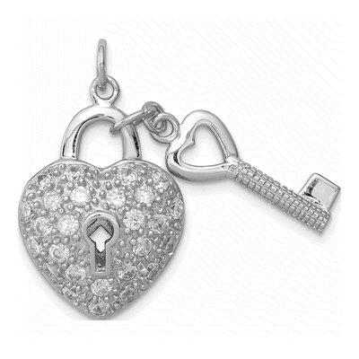 Sterling Silver CZ Heart Lock Key Pendant
