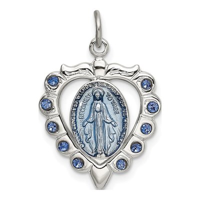 Sterling Silver Crystal Miraculous Medal Heart Pendant