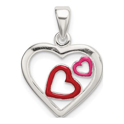 Sterling Silver Red Pink Enamel Hearts Pendant