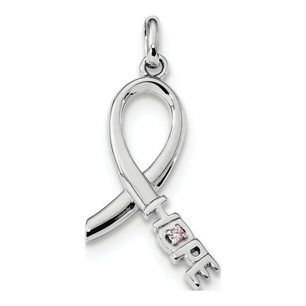 Sterling Silver Pink CZ Hope Ribbon Pendant