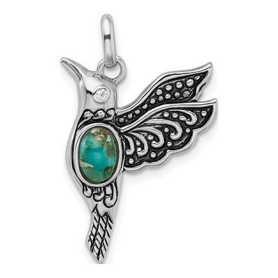 Sterling Silver Turquoise CZ Hummingbird Pendant