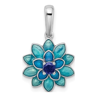 Sterling Silver Lab-Created Sapphire Enamel Flower Pendant