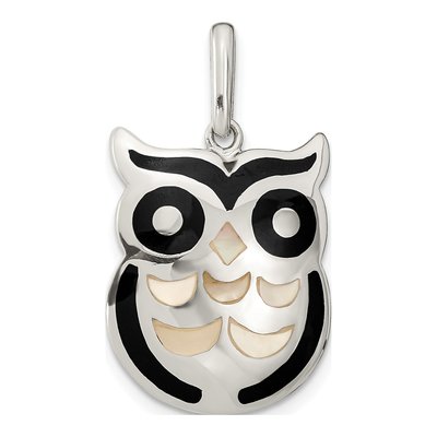 Sterling Silver Onyx & Mother of Pearl MOP Owl Pendant