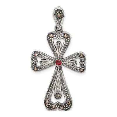 Sterling Silver Garnet Marcasite Cross Pendant