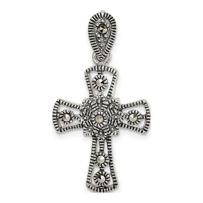 Sterling Silver Marcasite Flower Cross Pendant