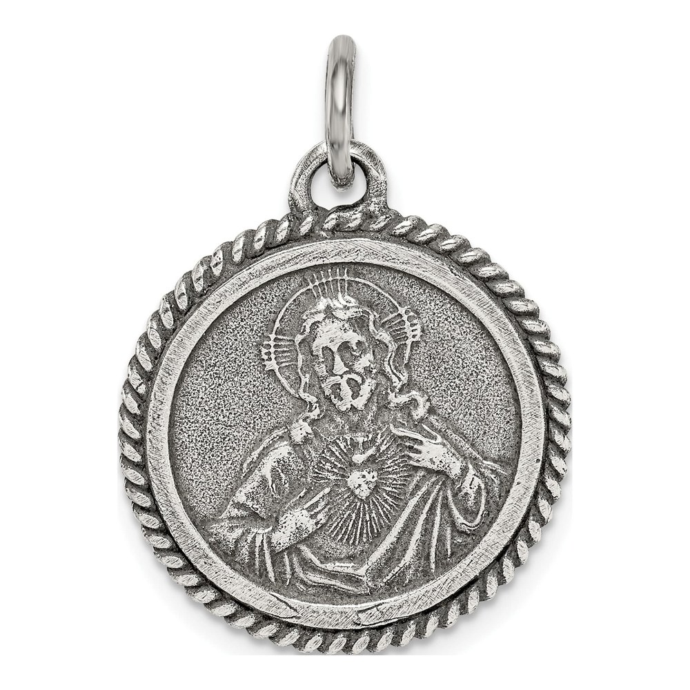 Sterling Silver Antiqued Sacred Heart Of Jesus Medal Pendant