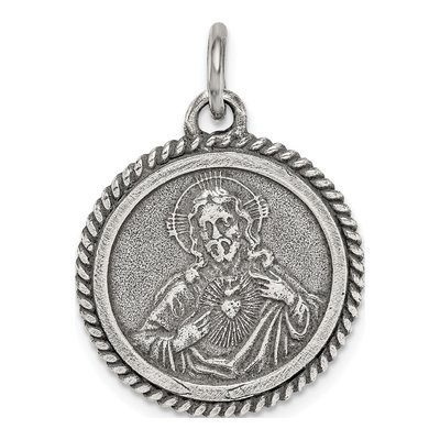 Sterling Silver Antiqued Sacred Heart of Jesus Medal Pendant