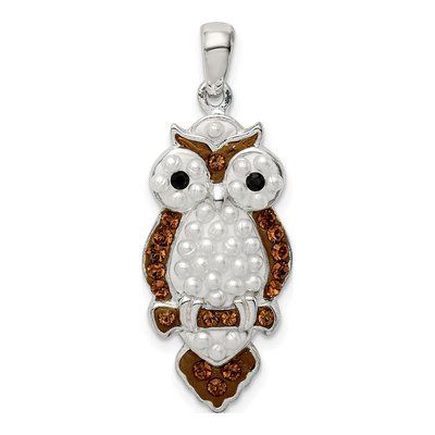 Sterling Silver Simulated Pearl & Crystal Owl Pendant