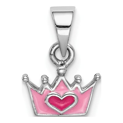 Sterling Silver Girls' Pink Enamel Heart Crown Pendant