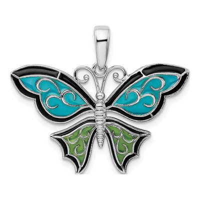 Sterling Silver Aqua Enamel Butterfly Pendant