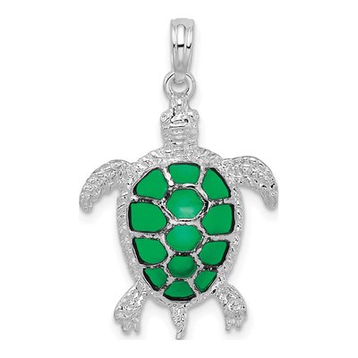 Sterling Silver Enameled Green Sea Turtle Pendant