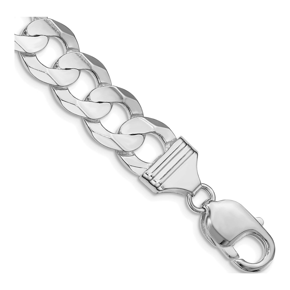 8 Inch Sterling Silver Rhodium-Plated 11.9mm Concave Beveled Curb Chain Bracelet with Lobster Clasp
