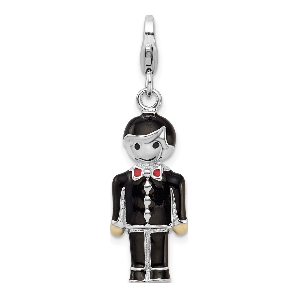 Sterling Silver Rhodium-Plated W/ Lobster Clasp Black Enamel Groom Charm