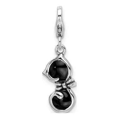 Sterling Silver 3-D Black Enamel Cat Charm