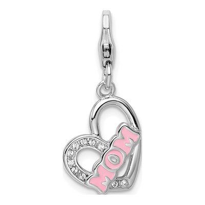 Sterling Silver Crystal MOM Heart Charm