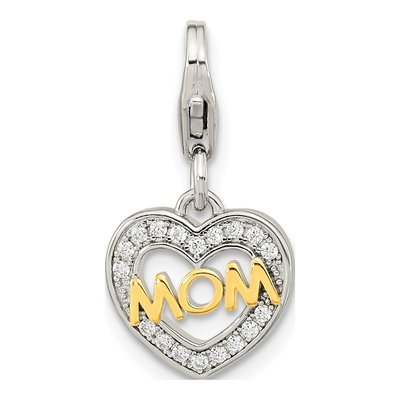Gold-Plated Sterling Silver CZ MOM Heart Charm