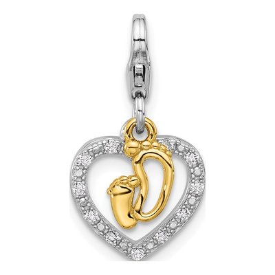 Sterling Silver CZ Baby Feet Heart Charm