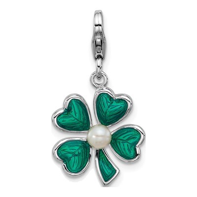 Sterling Silver Cultured Pearl Leaf Clover Charm