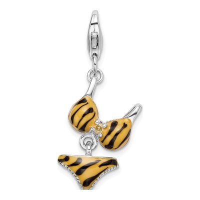 Sterling Silver CZ 3-D Enamel Tiger Bikini Pendant