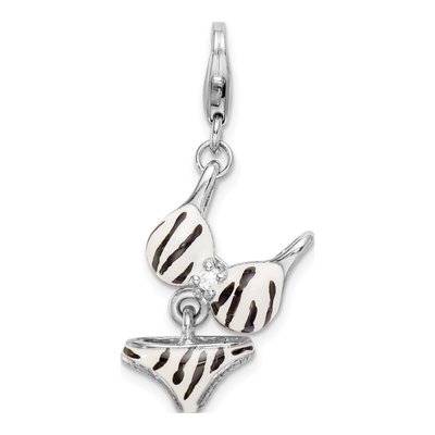 Sterling Silver CZ 3-D Enamel Zebra Bikini Pendant