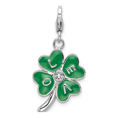 Sterling Silver Crystal Leaf Clover LOVE Charm