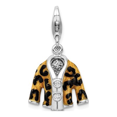 Sterling Silver CZ 3-D Enamel Leopard Charm