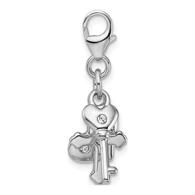 Sterling Silver Crystal Heart Cross Key Charm – view 3