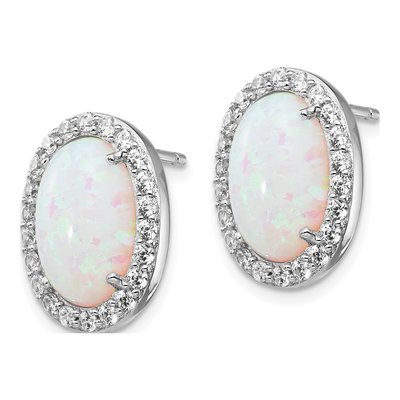 Sterling Silver Round Opal & CZ Halo Stud Earrings – view 3